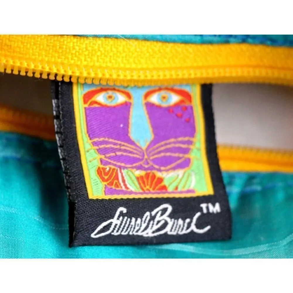 Laurel Burch MULTICOLOR COTTON CANVAS KAT BLUE HANDLES SATCHEL HANDBAG